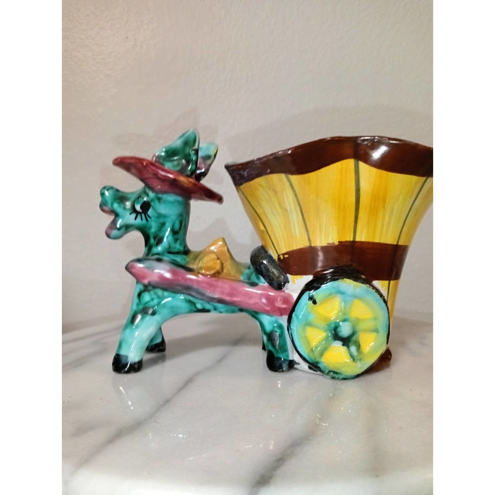 1960s Italian Majolica Style Italy Burro Ceramic Burro with Cart -flower pot